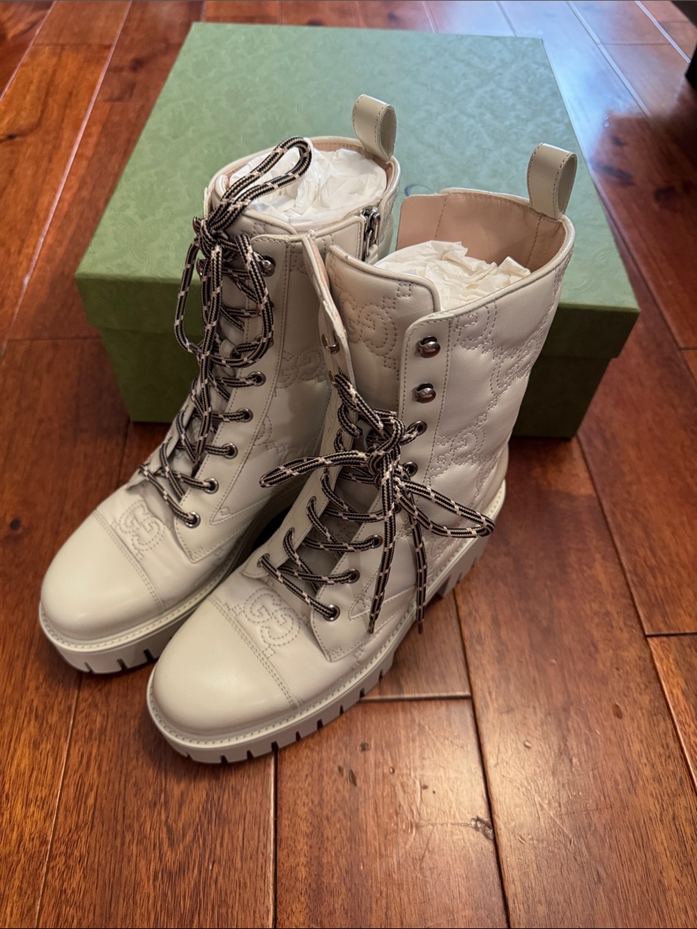 Gucci Cream Quilted Lace-Up Combat Boots with Contrasting Laces